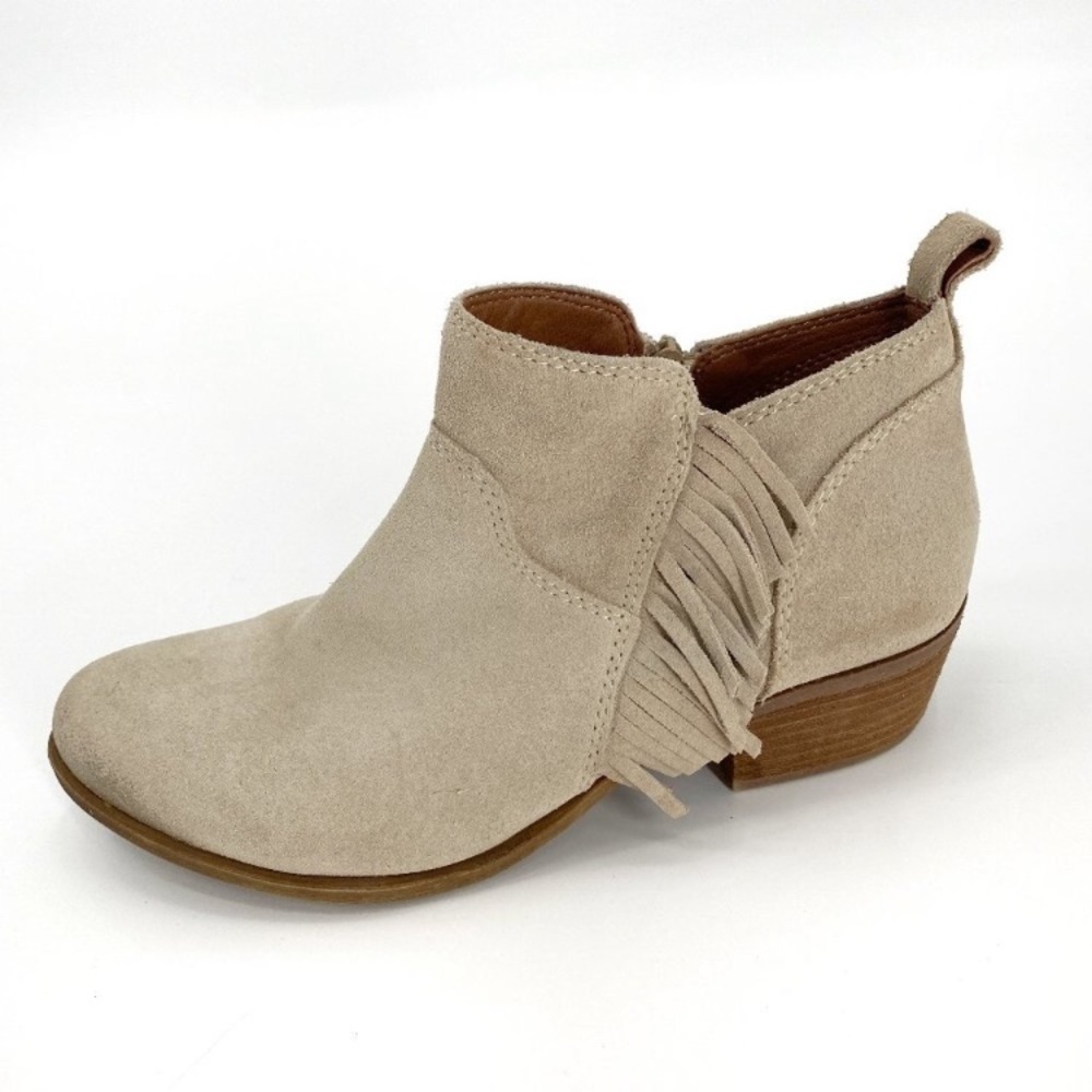 - Lucky Brand Tan Banji Suede Leather Western Fringe Stacked Heel Booties